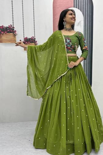 Green Kalamkari Handwork Cotton Choli with Fox Georgette Embroidered Lehenga & Georgette Dupatta – With Blouse
