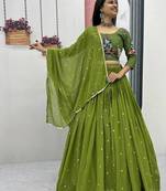 Green Kalamkari Handwork Cotton Choli with Fox Georgette Embroidered Lehenga & Georgette Dupatta     With Blouse