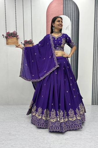 Royal Purple Chinon Embroidered Lehenga Choli Set with Thread Work,Fully Stitched Outfit