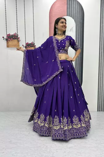 Royal Purple Chinon Embroidered Lehenga Choli Set with Thread Work,Fully Stitched Outfit
