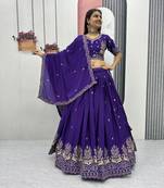 Royal Purple Chinon Embroidered Lehenga Choli Set with Thread Work,Fully Stitched Outfit