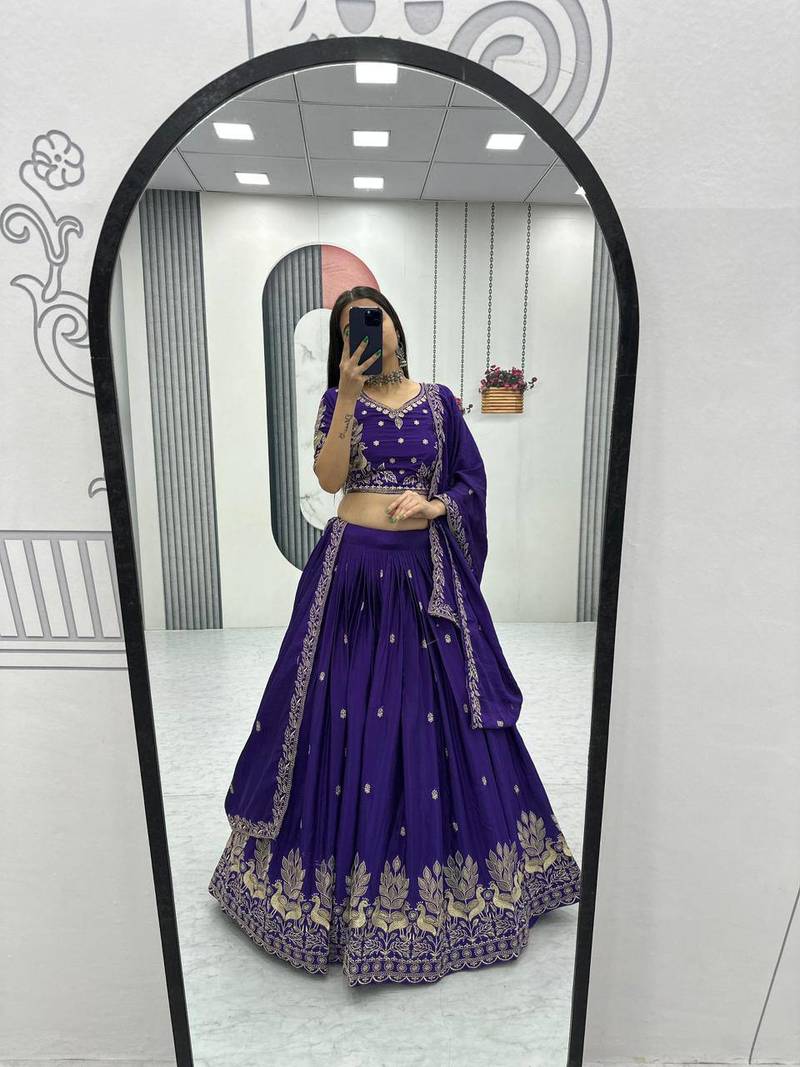 Royal Purple Chinon Embroidered Lehenga Choli Set with Thread Work,Fully Stitched Outfit