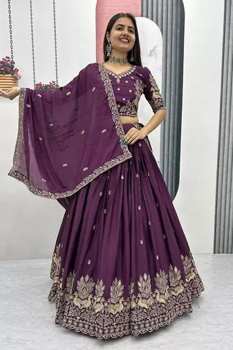Plum Purple Chinon Embroidered Lehenga Choli Set with Thread Work, Fully Stitched Outfit