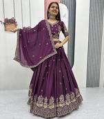 Plum Purple Chinon Embroidered Lehenga Choli Set with Thread Work, Fully Stitched Outfit
