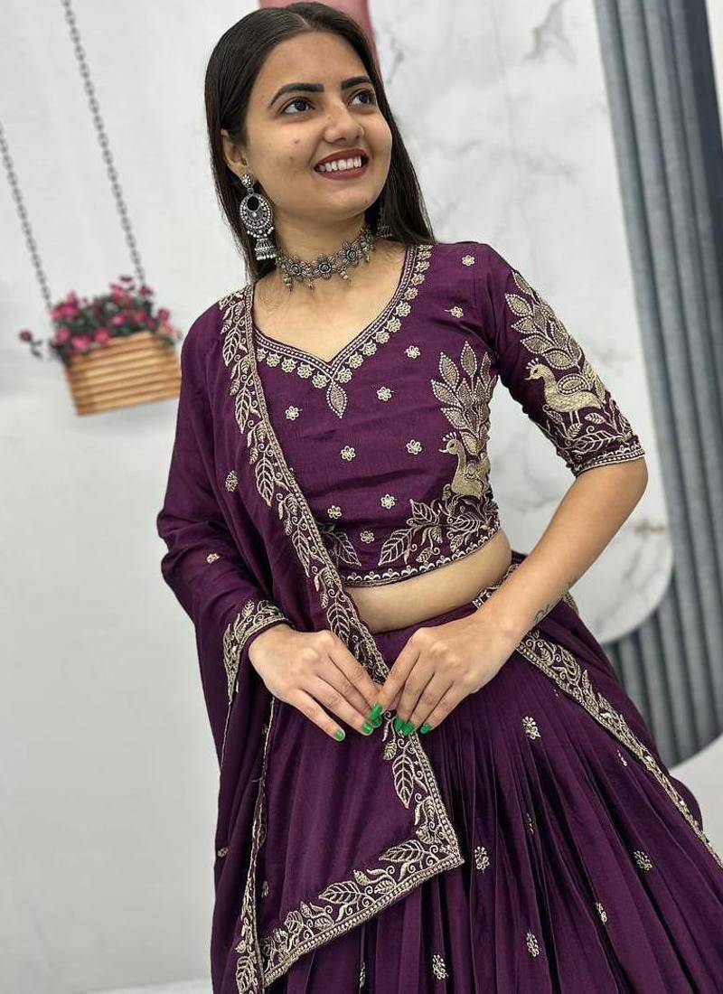 Plum Purple Chinon Embroidered Lehenga Choli Set with Thread Work, Fully Stitched Outfit
