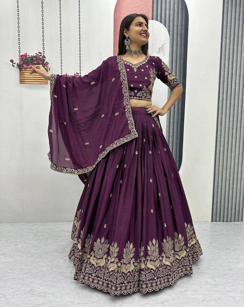 Plum Purple Chinon Embroidered Lehenga Choli Set with Thread Work, Fully Stitched Outfit
