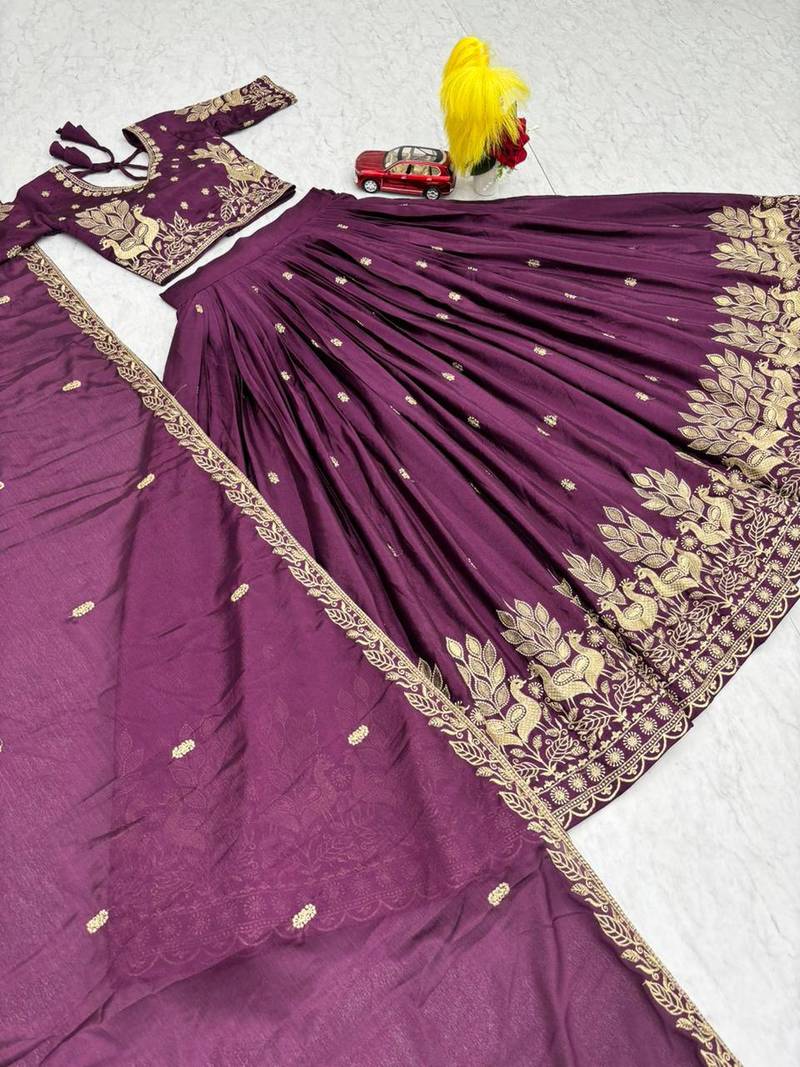 Plum Purple Chinon Embroidered Lehenga Choli Set with Thread Work, Fully Stitched Outfit