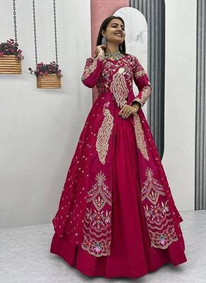 Pink Vichitra Thread Sequence Work Top with Vichitra Lehenga and Embroidered Vichitra Shrug Set     With Shrug 1