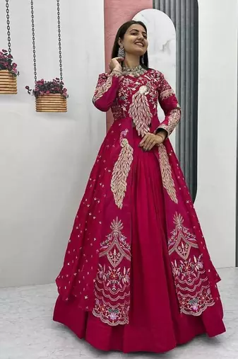 Pink Vichitra Thread Sequence Work Top with Vichitra Lehenga and Embroidered Vichitra Shrug Set – With Shrug