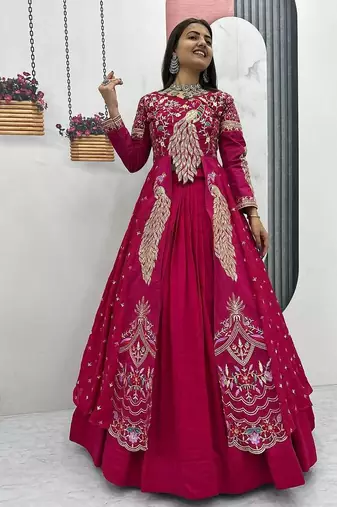 Pink Vichitra Thread Sequence Work Top with Vichitra Lehenga and Embroidered Vichitra Shrug Set     With Shrug