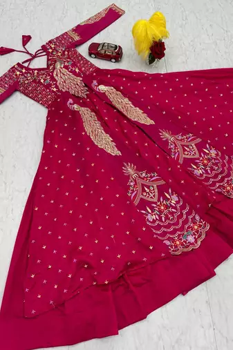 Pink Vichitra Thread Sequence Work Top with Vichitra Lehenga and Embroidered Vichitra Shrug Set     With Shrug