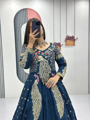 Blue Vichitra Thread Sequence Work Top with Vichitra Lehenga and Embroidered Vichitra Shrug Set     With Shrug 2