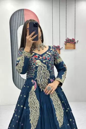 Blue Vichitra Thread Sequence Work Top with Vichitra Lehenga and Embroidered Vichitra Shrug Set     With Shrug