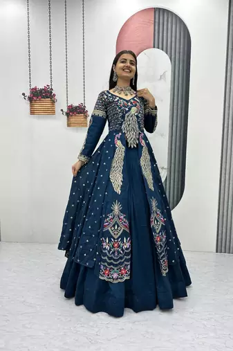 Blue Vichitra Thread Sequence Work Top with Vichitra Lehenga and Embroidered Vichitra Shrug Set     With Shrug