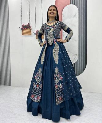Blue Vichitra Thread Sequence Work Top with Vichitra Lehenga and Embroidered Vichitra Shrug Set     With Shrug 4