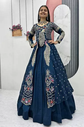 Blue Vichitra Thread Sequence Work Top with Vichitra Lehenga and Embroidered Vichitra Shrug Set     With Shrug