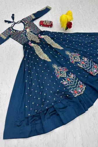 Blue Vichitra Thread Sequence Work Top with Vichitra Lehenga and Embroidered Vichitra Shrug Set     With Shrug