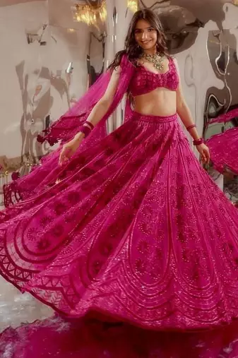 Pink Kasturi Silk Thread Sequins Dori Work Lehenga with Velvet Blouse and Net Dupatta Set     With Blouse