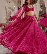 Pink Kasturi Silk Thread Sequins Dori Work Lehenga with Velvet Blouse and Net Dupatta Set     With Blouse