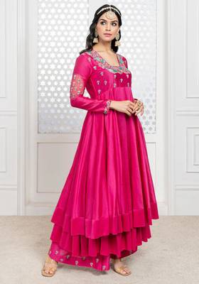 Pink embroidered chanderi anarkali set 1