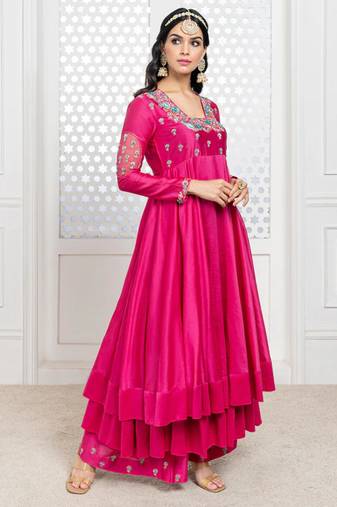 Pink embroidered chanderi anarkali set