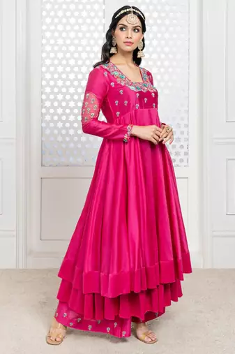 Pink embroidered chanderi anarkali set