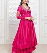 Pink embroidered chanderi anarkali set