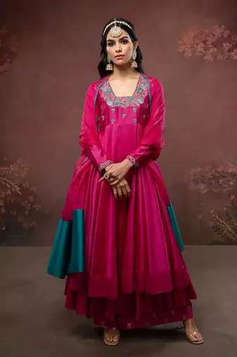 Pink embroidered chanderi anarkali set