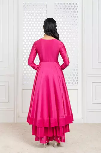 Pink embroidered chanderi anarkali set