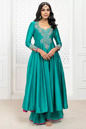 Green embroidered chanderi anarkali set