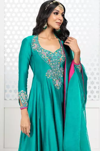 Green embroidered chanderi anarkali set