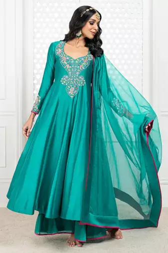Green embroidered chanderi anarkali set
