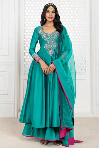 Green embroidered chanderi anarkali set