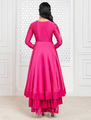 Pink embroidered chanderi anarkali set 4