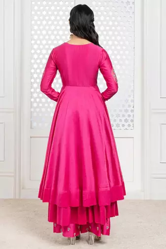 Pink embroidered chanderi anarkali set