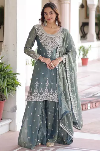 Grey Silk Sequin Sharara Set 