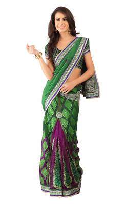 Green Embroidered Chiffon,Brasso Lehenga Saree With Blouse 1