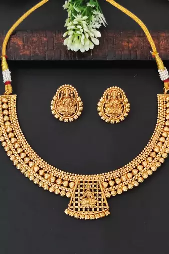 Traditional lakshmi motif temple necklace in antique finish
