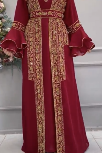 Maroon Heavy Embroidered Stitched Designer Kaftan Gown With Belt     Party & Occasion Wear