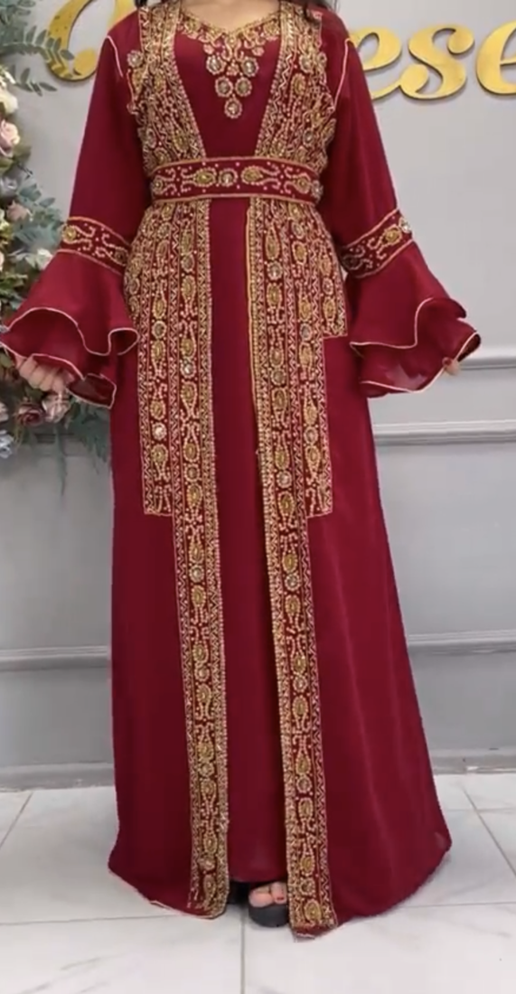 Maroon Heavy Embroidered Stitched Designer Kaftan Gown With Belt     Party & Occasion Wear
