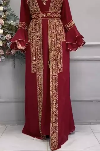 Maroon Heavy Embroidered Stitched Designer Kaftan Gown With Belt     Party & Occasion Wear