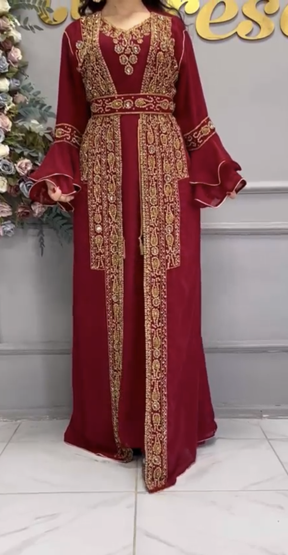 Maroon Heavy Embroidered Stitched Designer Kaftan Gown With Belt     Party & Occasion Wear