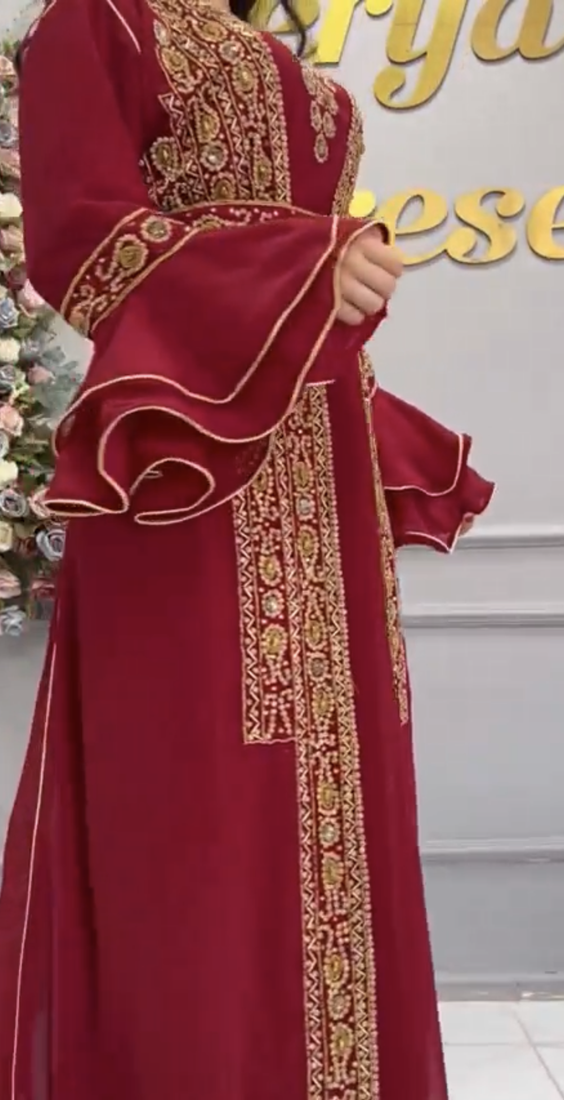 Maroon Heavy Embroidered Stitched Designer Kaftan Gown With Belt     Party & Occasion Wear