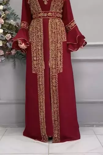 Maroon Heavy Embroidered Stitched Designer Kaftan Gown With Belt     Party & Occasion Wear