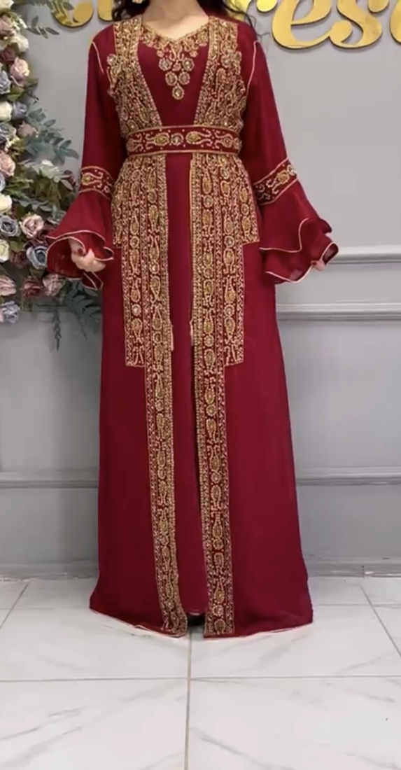 Maroon Heavy Embroidered Stitched Designer Kaftan Gown With Belt     Party & Occasion Wear