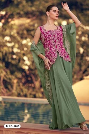 Pink and green wedding silk indowestern top, palazzo & cape suits- Full Stitched Free Size