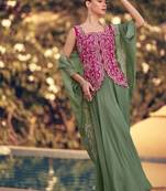 pink and green wedding silk indowestern top palazzo cape suit-Full Stitched Free size