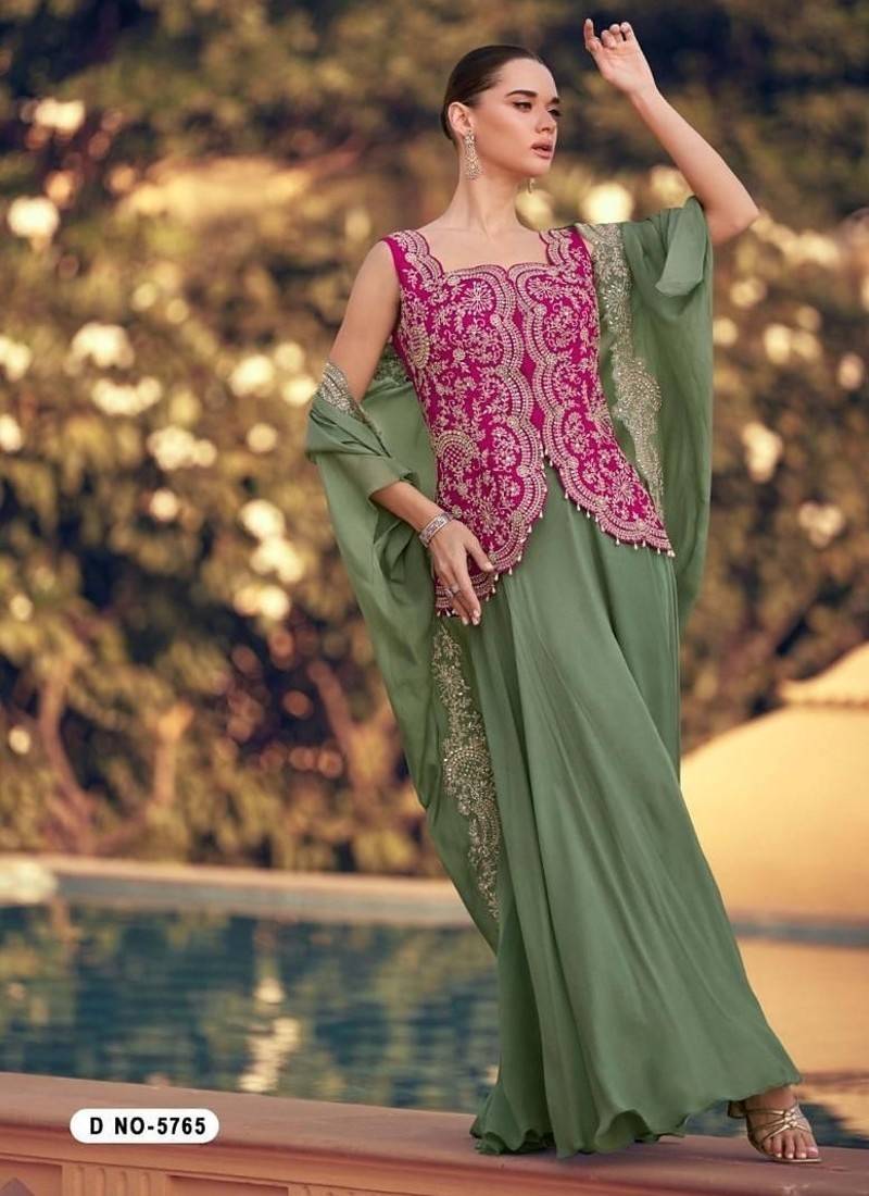 Pink and green wedding silk indowestern top, palazzo & cape suits- Full Stitched Free Size