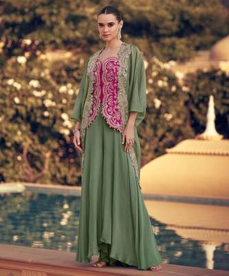 pink and green wedding silk indowestern top palazzo cape suit-Full Stitched Free size 2