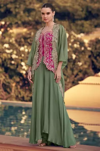 pink and green wedding silk indowestern top palazzo cape suit-Full Stitched Free size